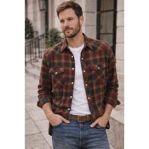 Wrangler Mens Western Pearl Snap Plaid Flannel Shirt Burgundy Mustard WM521RG M